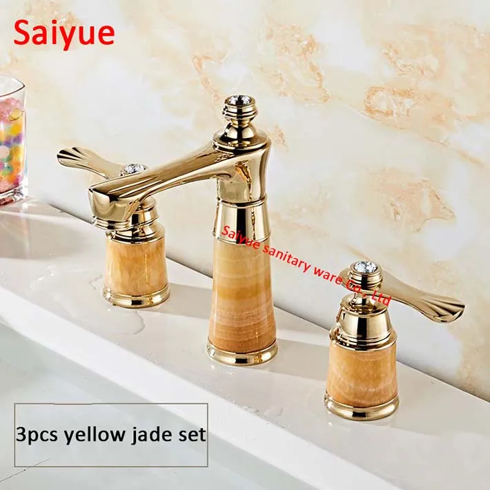 Rose Gold 8Widespread yellow jade stone basin mixer faucet Copper Dual handle three holes bathroom sink tap/Bathtub shower set