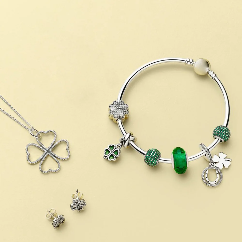 

Fanier 100% 925 Sterling Silver 1:1 Fresh Summer Mode Four -leaf Clover Paste Bracket Bracelets High Quality Jewelry Set