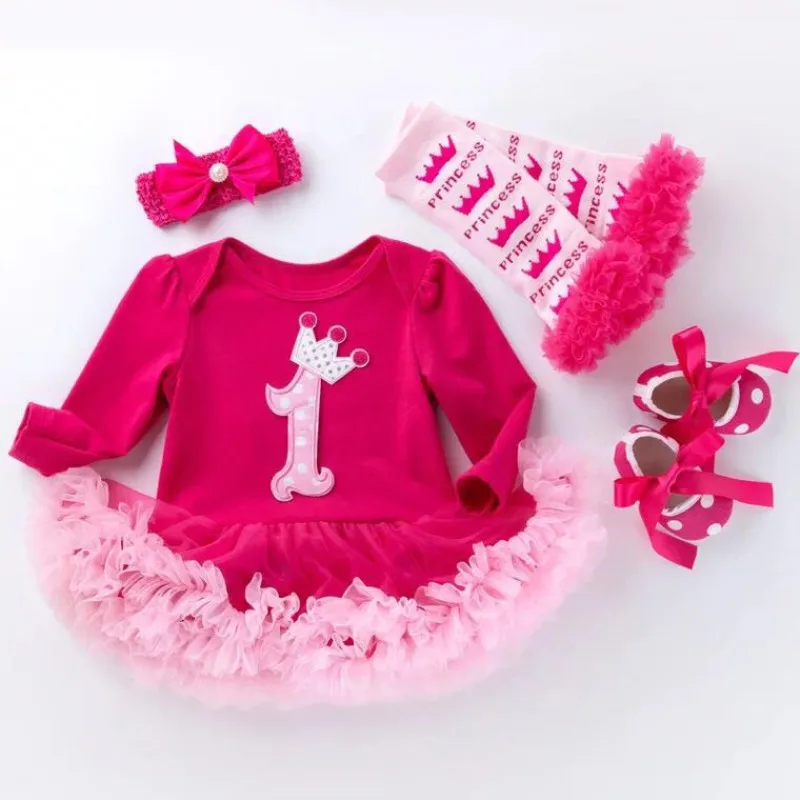 

Newborn Baby One Birthday Dress Little Girl Long Sleeve Bodysuit Dresses+ Bow Headband +Leggings+Shoes 4pcs Cotton Clothe Set