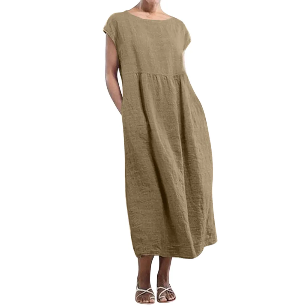 

Women’s Solid Color O-neck Summer Dresses Sleeveless Maxi Pockets Linen Loose Baggy Kaftan Long Dress De Festa #7