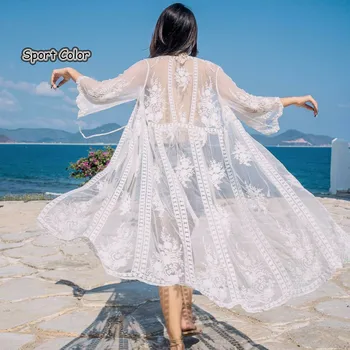 

New Arrival Sexy Women Tunic Swimsuit Bikinis Smock Cover Up White Lace Blouse Pareo Long Beach Dress Swimwear Smock Sarongs