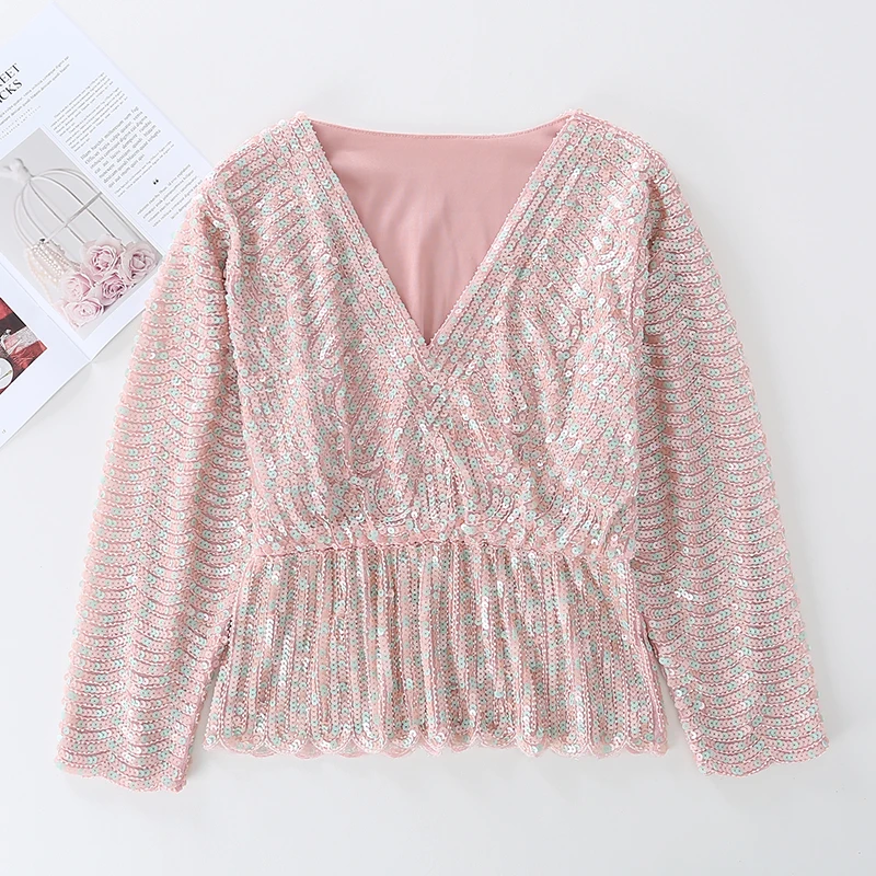 Colors Ruffles Sequined Beading Women Luxury  Fashion V-neck Batwing Sleeve Pullovers Blouse Top 1