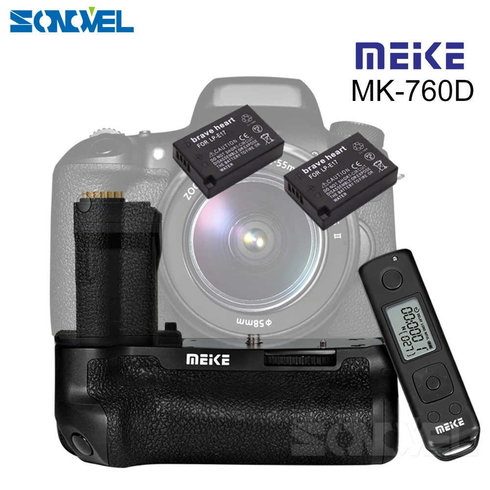 Вертикальная Батарейная ручка MEIKE MK-760D для камеры Canon 760D 750D DSLR с ЖК-дисплеем, беспроводной пульт дистанционного спуска затвора+ аккумулятор 2x LP-E17