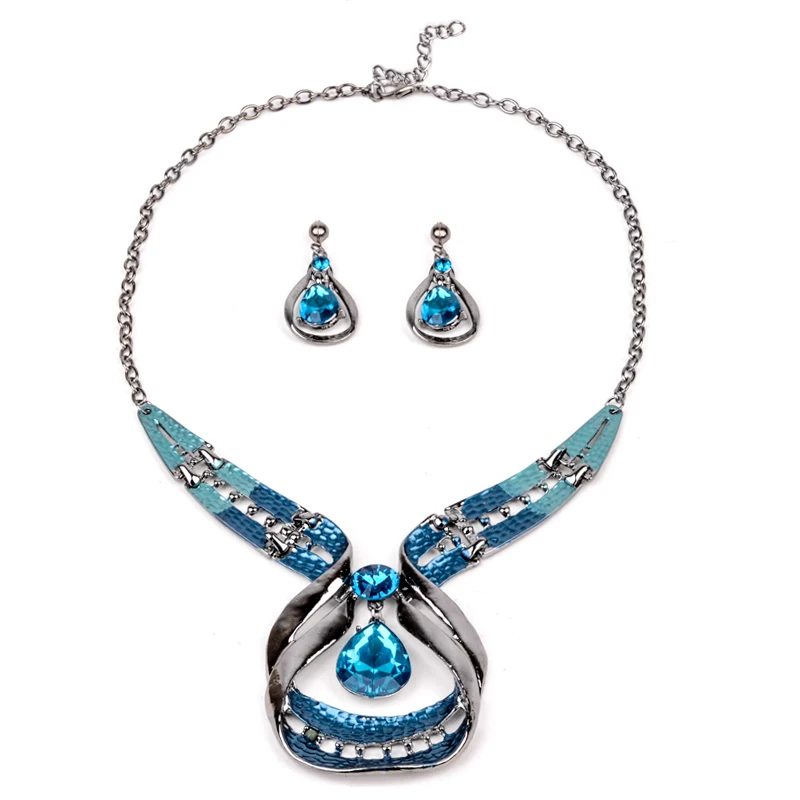 Austrian Crystal Jewelry Sets Fashion Blue Choker Collar Necklace dangle earring Jewellery Silver Plated Bridal Wedding Jewelry