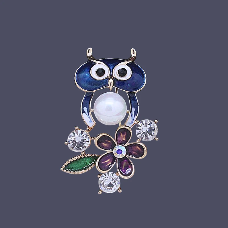 

Ajojewel Antique Chinese style Vintage Simulated-Pearl Owl Brooch For Women Enamel Blue Jewelry Gift For Party