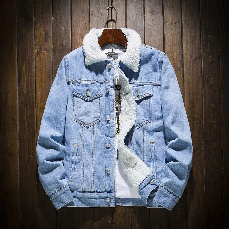 

Men Light Blue Winter Jean Jackets Outerwear Warm Denim Coats New Men Large Size Wool Liner Thicker Winter Denim Jackets