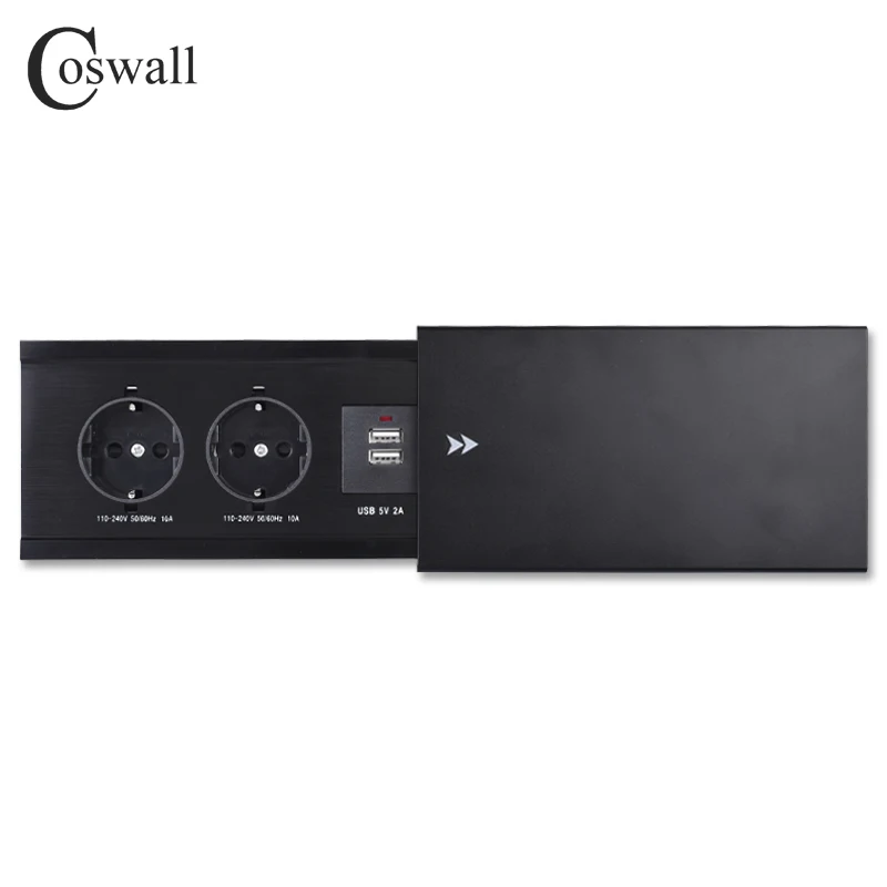 

COSWALL ALL Aluminum Alloy Plate Slide Type Hidden 2 Power EU Socket Dual USB Charge Port Office Table Outlet Matte Black Cover