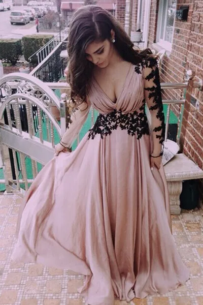 

2015 Elegant V-Neck A Line Prom Dresses Appliques with Long Black Sleeves Party Evening Gowns Vestidos de Novia Plus Size T004