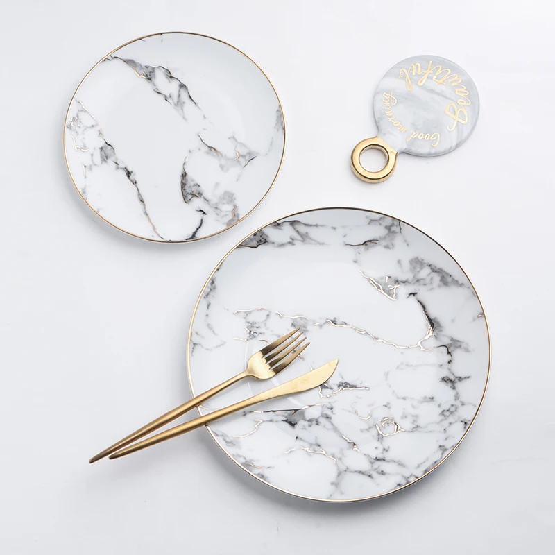 

The Nordic style marble plate ceramic gold Western-style food salad steak dessert tray tables home plate