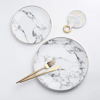 

The Nordic style marble plate ceramic gold Western-style food salad steak dessert tray tables home plate