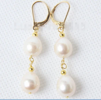 

FREE shipping> >>>Genuine Dangle 12mm drop white freshwater pearls Earrings jewerly gold e2018