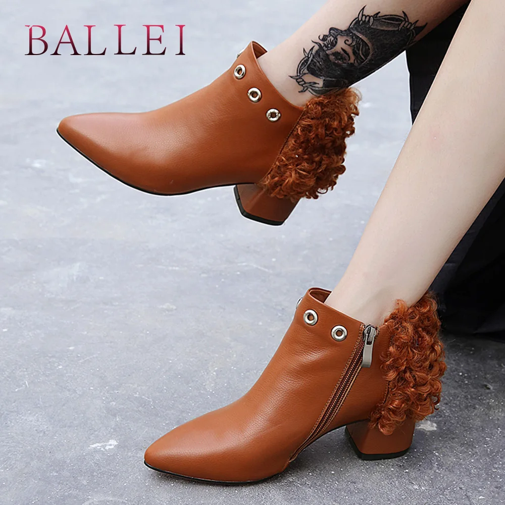 

BALLEI Fashion Woman Winter Warm Ankle Boots Vintage Genuine Leather Fur Decoration Elegant Pointed Toe Shoes Elegant Boots B73