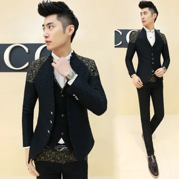 

Slim Fit Golden Embroidery Suits 3piece / Set Mandarin Collar Mens Clothing Suit Groom Wedding terno trajes de hombres de vestir