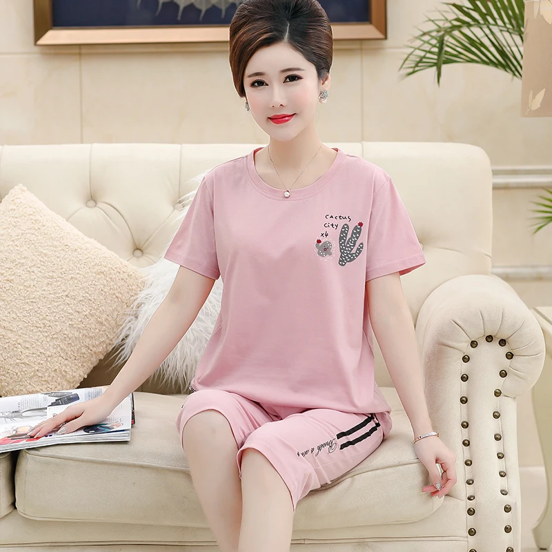 

Cactus Pattern Cotton Pajamas for Women 2019 Fashion Style Pajama Pink Women Home Clothing Print Top Cropped Trousers 2pcs/set