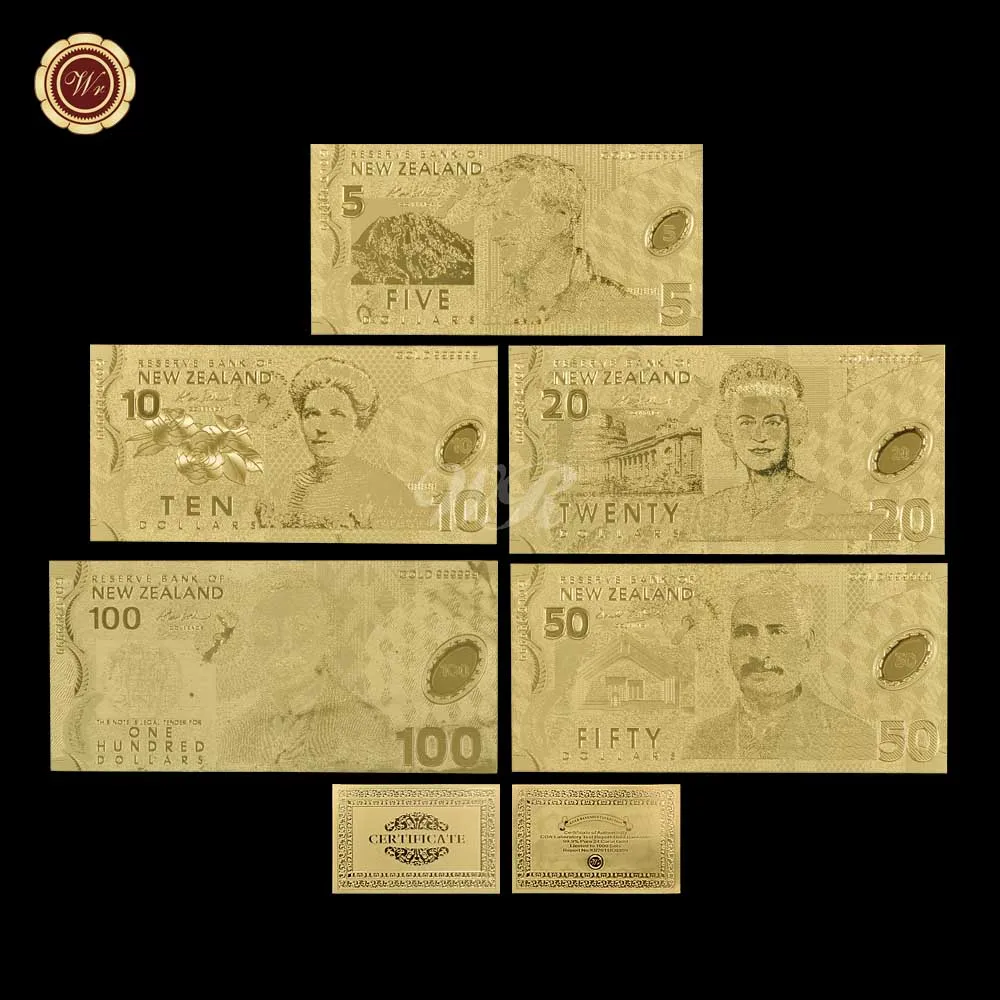 

(One Lot is 5pcs) Normal Gold Banknote 5 Models New Zealand Dollar Full Normal Gold Foil Banknote SET 5 10 20 50 100