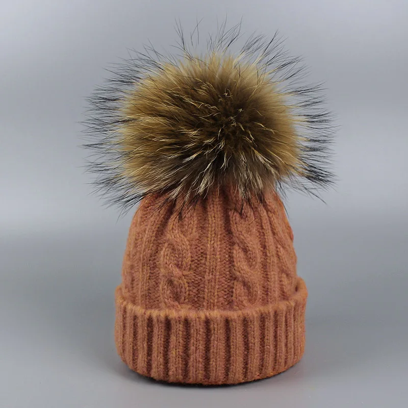 Детская зимняя шапка с помпонами из натурального меха енота для мальчиков и девочек, плотная теплая вязаная шапка с помпоном вязаная детская шапка, брендовая - Цвет: E