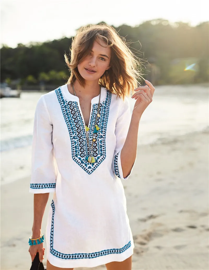 Summer Beach Dress White 2019 Embroidery Mini Shirt Dress Short Sea