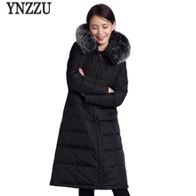 YNZZU Роскошные Для женщин Зимняя куртка-пуховик элегантные длинные куртка на гусином пуху реального большой меховой воротник с капюшоном теплое пальто Снег O602