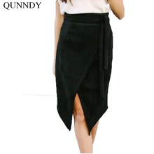 QUNNDY Зимние черные сапоги Для женщин замши миди Асимметричный шаг юбки Причинно Высокая Талия Sexy Stretch женские офисные молния Повседневная обувь