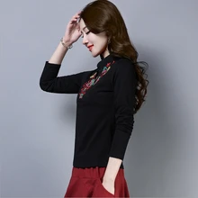 Национальный Ветер зима плюс бархат Теплый вышитый воротник длинный рукав футболка женская