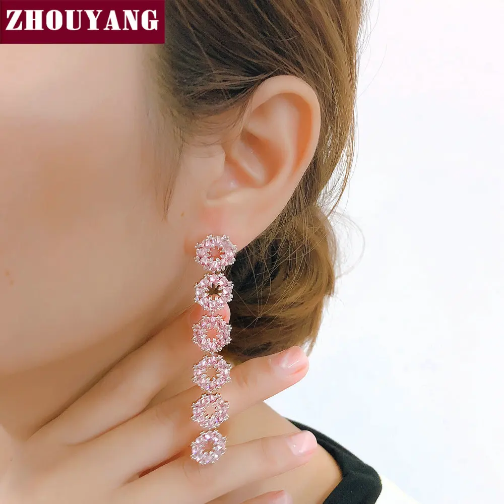 ZHOUYANG Drop Earring For Women Romantic Style Delicate Pink Flower Circle Cubic Zirconia Silver Color Gift Fashion Jewelry E274