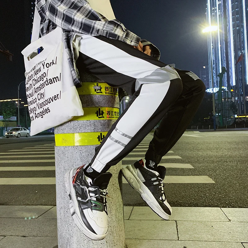 Мужские теплые брюки Новая мода полиэстер спандекс отражающие легкий тренд шаблон Досуг брюки уличная Горячая Хип Хоп черный - Цвет: Black