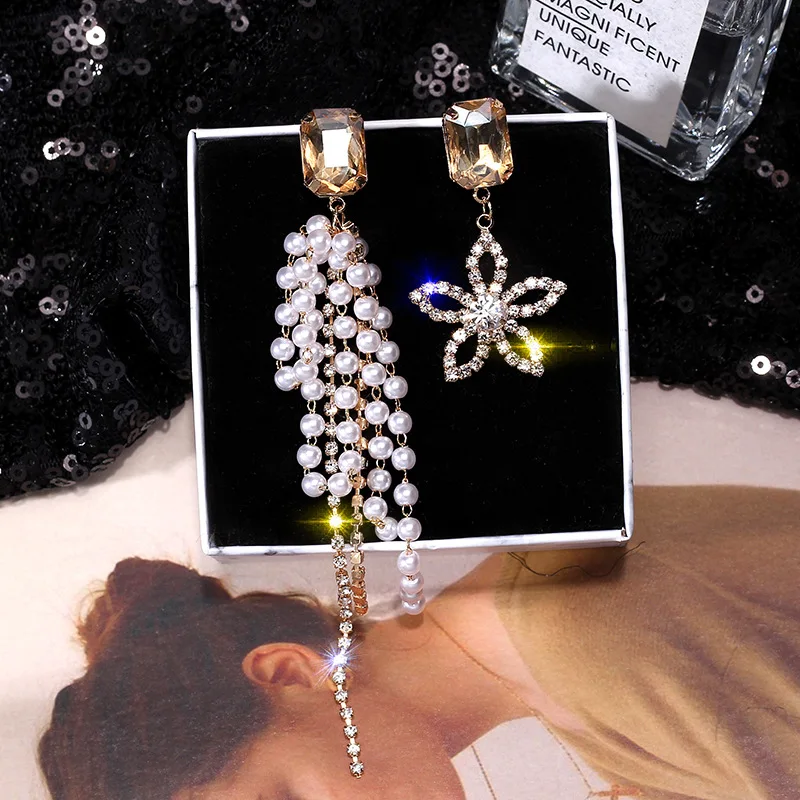 

Shiny side new design fashion jewelry pearl long asymmetrical earrings for women five-pointed star with crystal earring