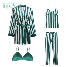 Inplusni/женский халат, комплект с платьем, женские полосатые брюки с тонкими лямками, домашняя одежда высшего качества, комплект из четырех предметов для сна и домашний халат