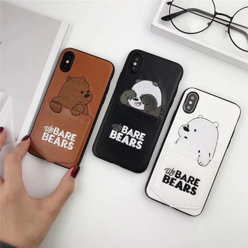 New Cartoon cute Embroidery We Bare Bears Card Pocket Phone Case For ...