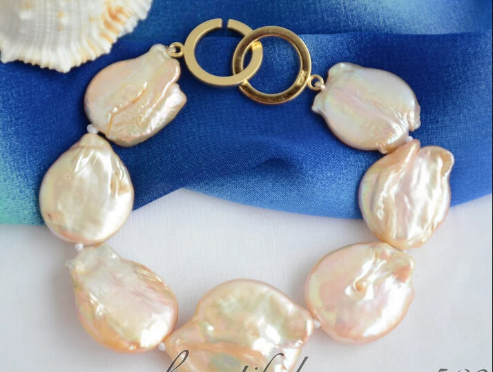 

Z6567 8inch 22mm PINK BAROQUE COIN KESHI REBORN PEARL BRACELET @^Noble style Natural Fine jewe SHIPPING 5.25