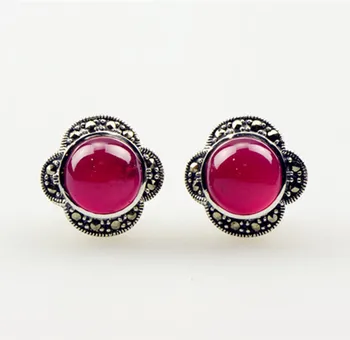 

925 Sterling Silver Natural semi-precious stones stud flowers Earrings ladies classic big new red corundum red girlfriend gift