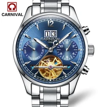 Роскошные карнавальные часы Мужчины tourbillon нержавеющая сталь Водонепроницаемый автомат Дата белый циферблат наручные часы relogio женственный