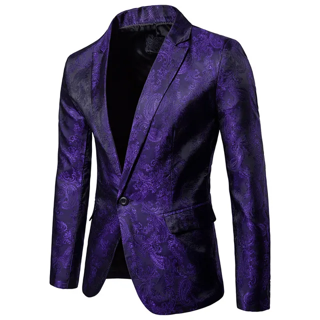 Purple Leisure Mens Floral Suit Jacket Wedding Single breasted Blazer