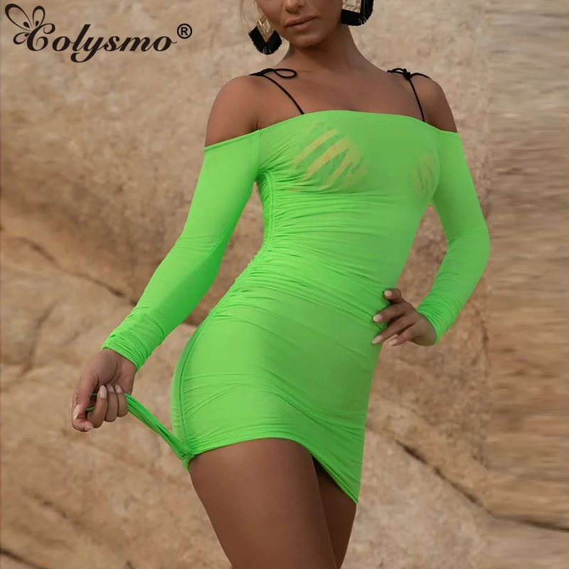

Colysmo Beachwear Summer Dress 2019 Women Sexy Off Shoulder Mesh See Through Bodycon Dress Neon Green Casual Beach Dress Pink