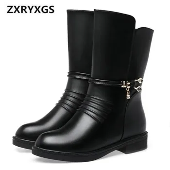 

2020 New Large Size Winter Boots Women Shoes Fashion Decoration Genuine Leather Boots Comfort Plus Velvet Flat Shoes Women Boots