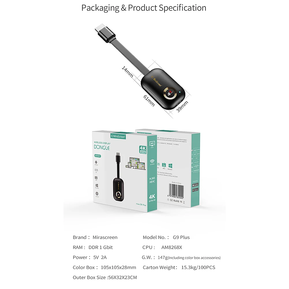 Беспроводной дисплей MiraScreen G9 Plus 2 4/4 K UHD DLNA Wi Fi HDMI ключ ТВ флешка зеркальное