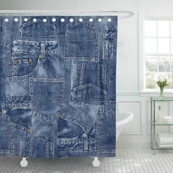 

Shower Curtain with Hooks Jeans Denim Material Patchwork Real Seems Weave Consecutively Drawing Freehand Goods Bathroom