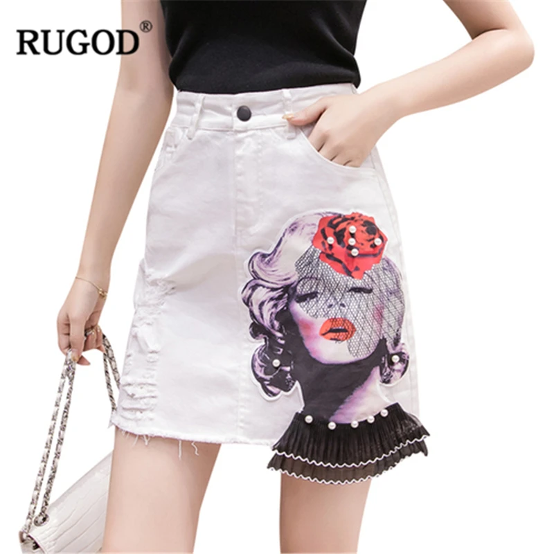 

RUGOD 2019 Summer Women White Denim Skirt High Waist Character Printed Lace Stiching A-line Slim Short Jeans 5 Sizes юбка