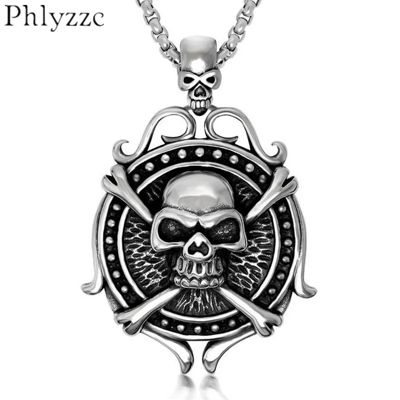 Mens Crossbones Skull Medallion Necklace Pendant 316L Stainless Steel