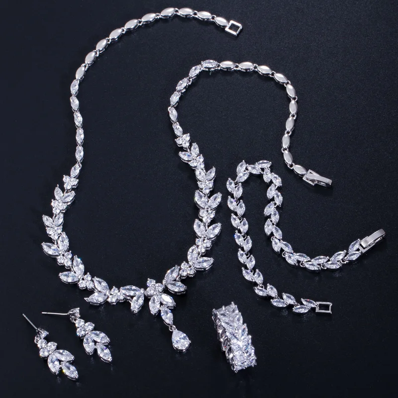 CWWZircons 4 шт. Блестящий кубический циркон ожерелье серьги кольцо и браслет свадебные ювелирные наборы Аксессуары для платья T344