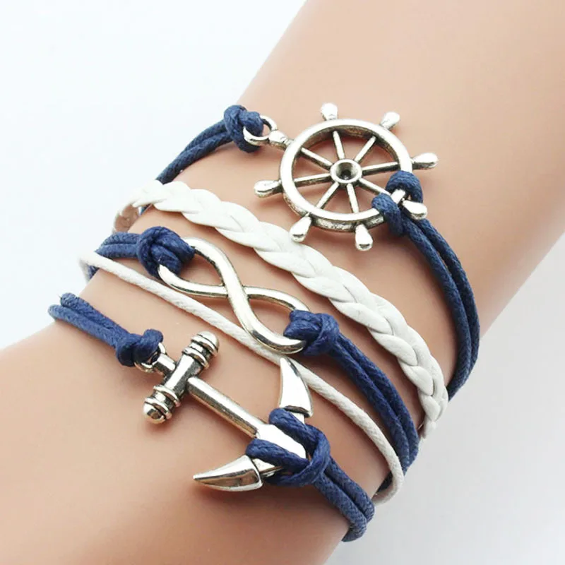 

10PC/Lot Infinity Rudder Anchor Charm Vintage Multilayer Leather bracelets Women Navy Blue bracelets Jewelry Lady Best Friends