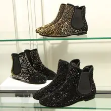 Лидер продаж; женские низкие ботинки; коллекция года; ботильоны с круглым носком, украшенные блестящими кристаллами; высококачественные ботинки на плоской подошве для верховой езды