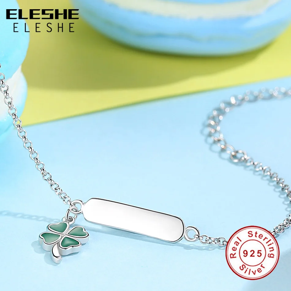 ELESHE Fashion 925 Sterling Silver Green Clover Charm Bracelet & Bangle For Girls Custom Name Bracelets Personalized Jewelry