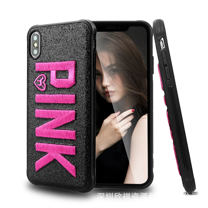 

embroidery Pink phone Case Transparent Soft TPU Cover For iPhone X XR XS Max 6 6S 7 8 plus Phone Case Back Cover