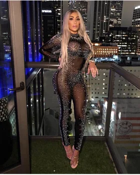 

New Celebrity Black Fashion Crystal Hollow Out Long Sleeve Jumpsuit Evening Party Jumpsuit