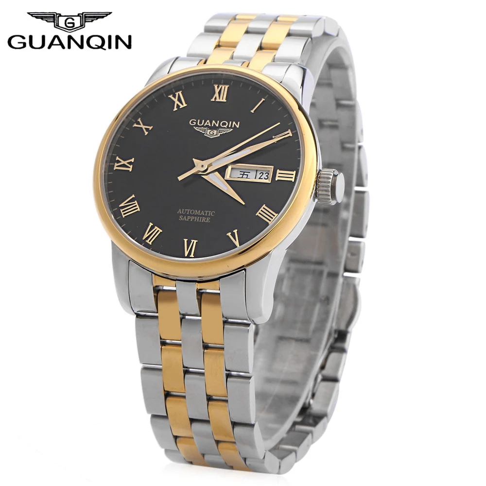 

GUANQIN Men Auto Mechanical Watch Calendar Luminous Pointer Roman Numerals Scale Transparent Back Cover Wristwatch