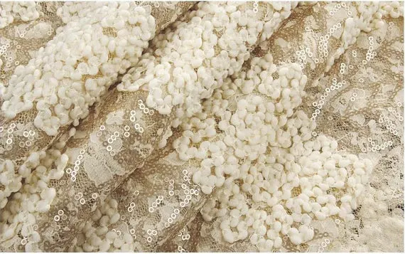 

3D Champagne lace fabric with sequins, heavy embroidered sequin lace fabric, stretch lace fabric with 3d florals, prop, backdrop