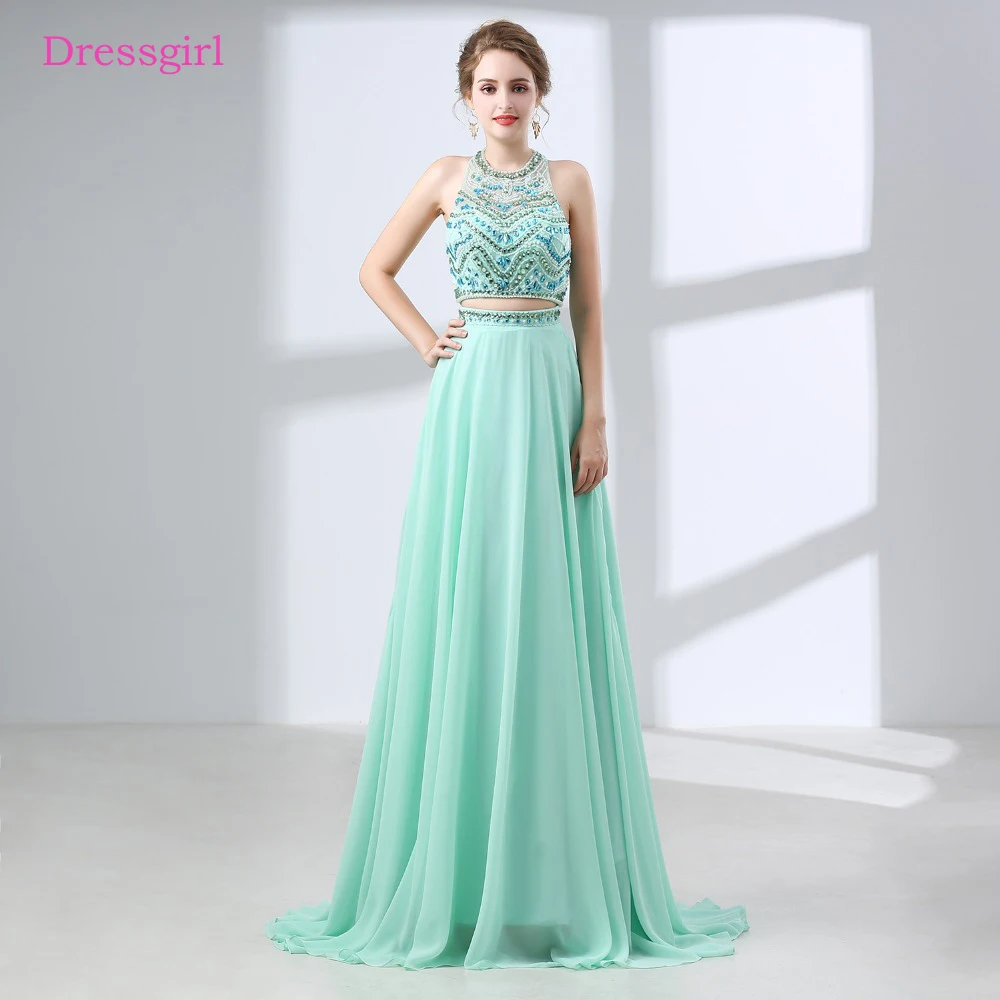 Mint Green Evening Dresses Aline High Collar Chiffon Backless Crystals