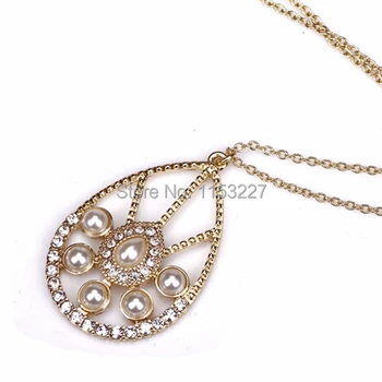 

korea style diamante gold stone simulated pearl water drop pendant necklace long