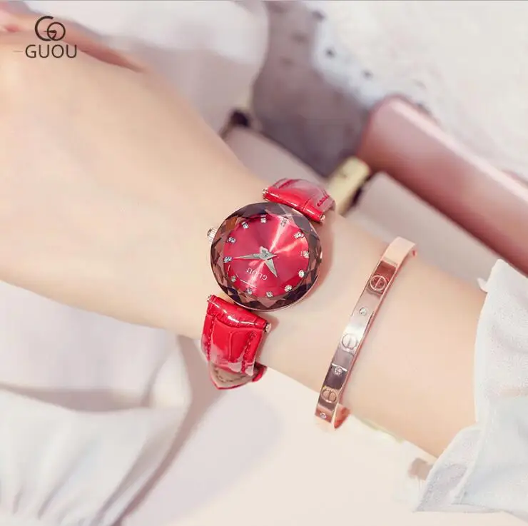 Новые Часы GUOU, модные женские часы, женские часы из натуральной кожи, изысканные бриллиантовые часы, relogio feminino reloj mujer saat - Цвет: Red